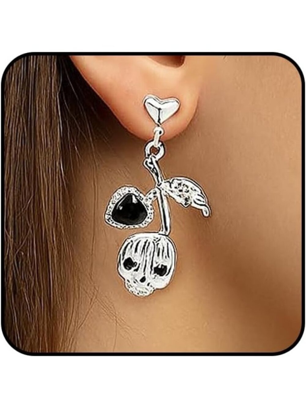 Women's Silver Mystery Dark Spike Vintage Skull Dangle Halloween Earrings